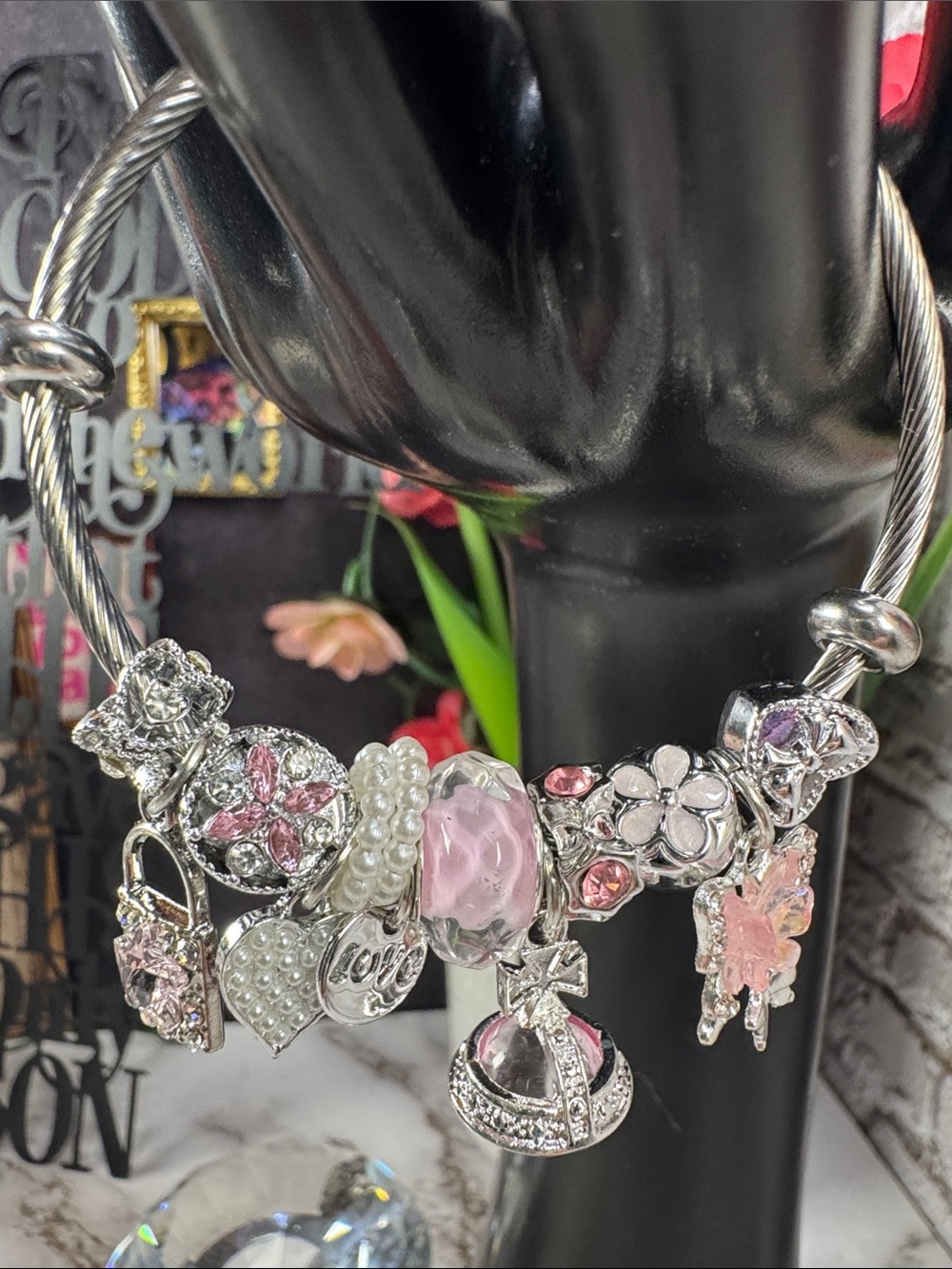 Women's Silver-Tone Pink Charm Bracelet with Pearls